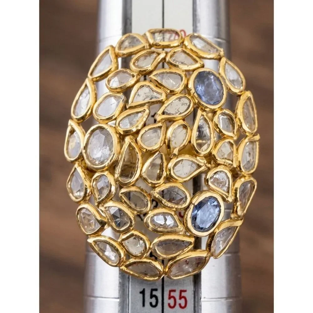 Exquisite Gold Vermeil Rose Cut Diamond & Sapphire Statement Ring | Boho Artisan
